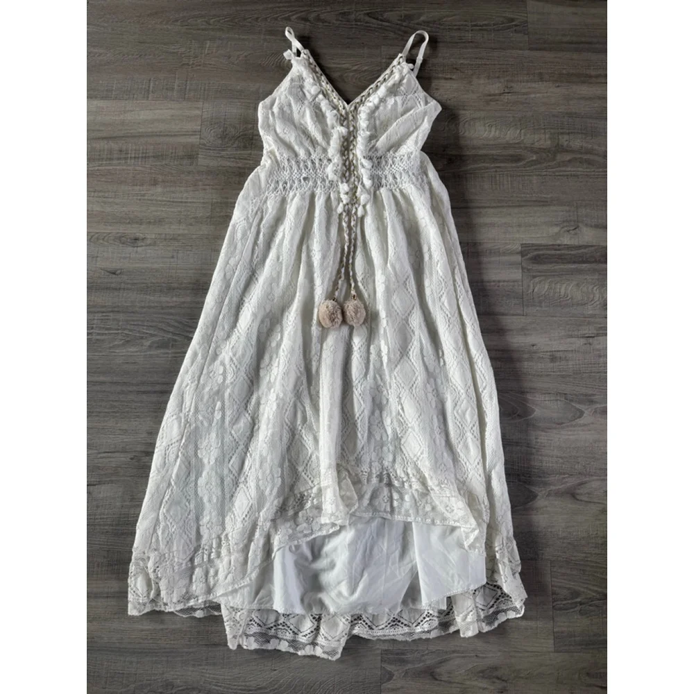 Boho Lace Hi Low Maxi Dress Ivory Cottagecore Romantic Festival EUC No Tags - Picture 3 of 11